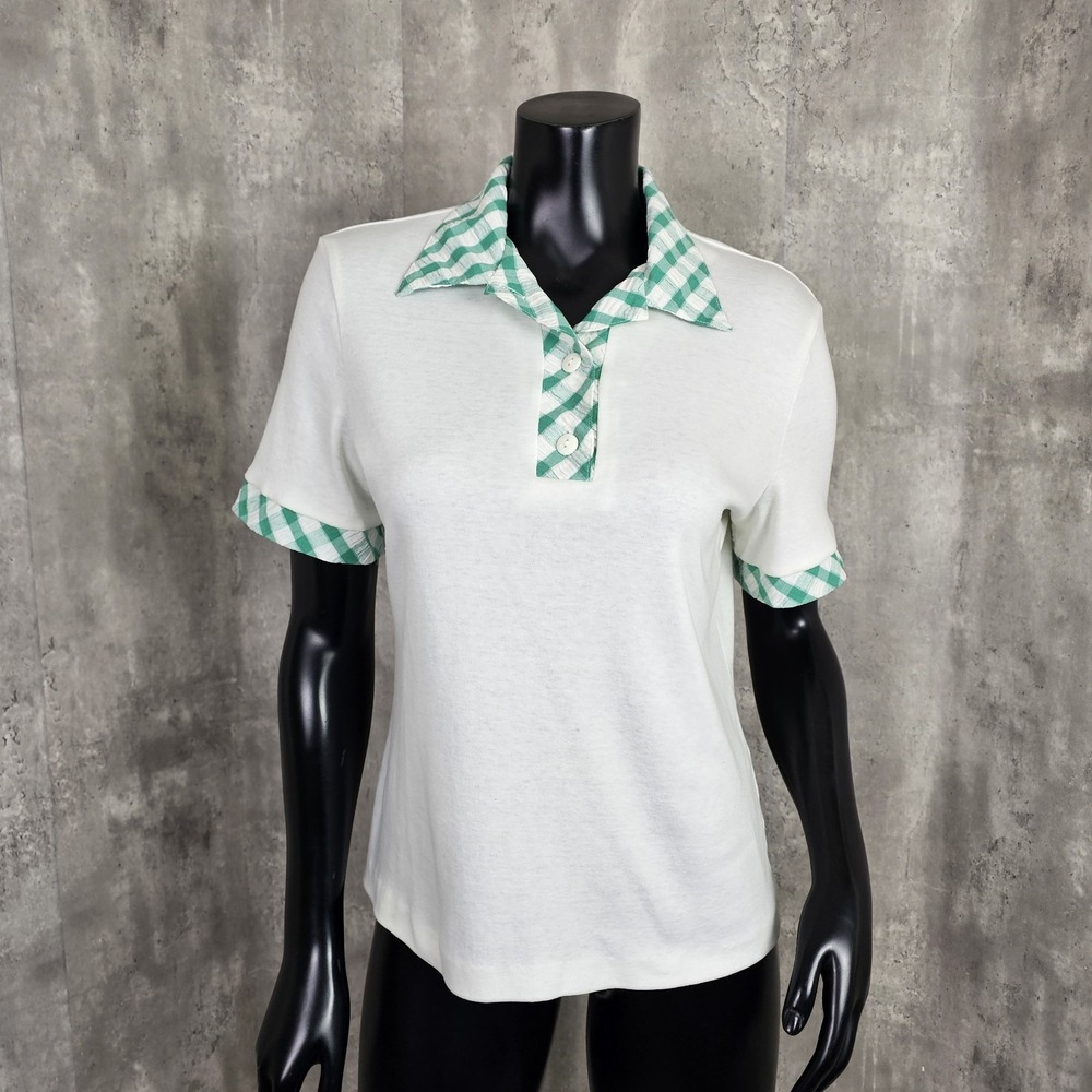 Vintage Sanibel Sport Petites Womens S White S/S Green Gingham Collar Polo Shirt